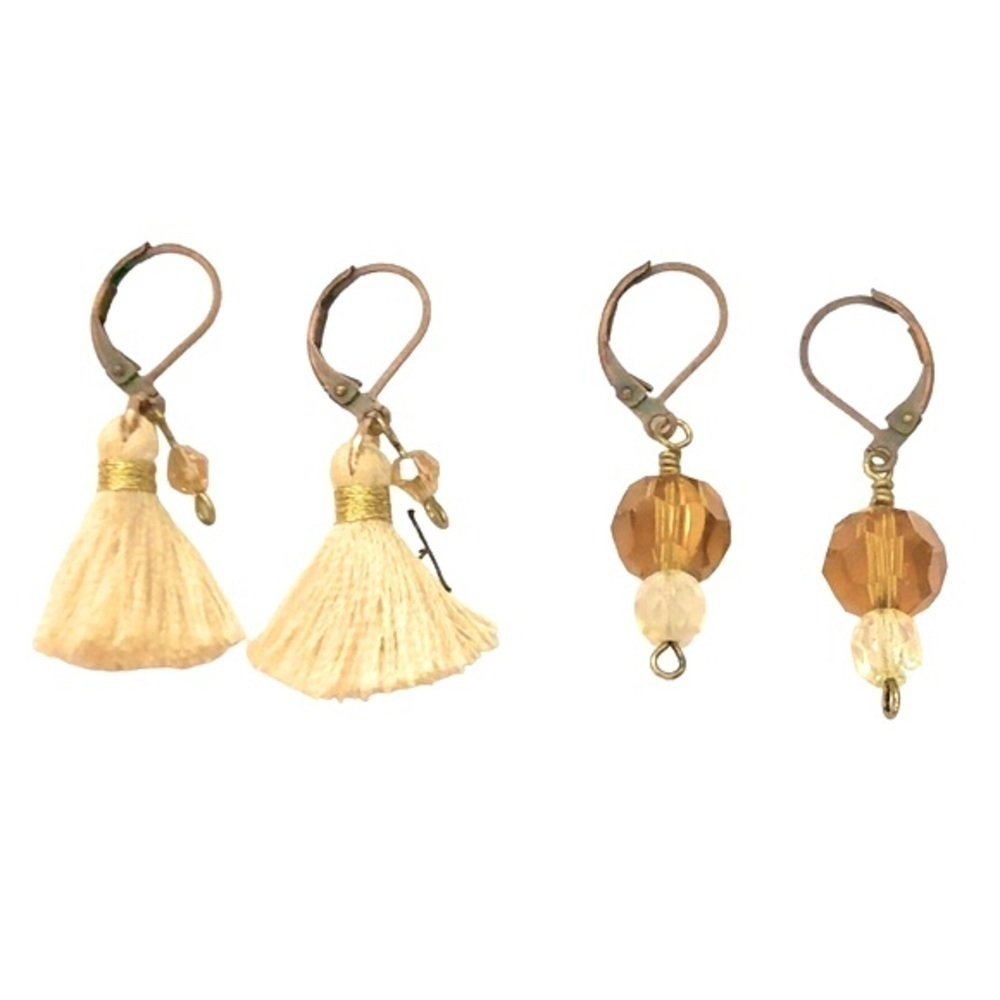 Vintage Ivory Gold Copper Tone Tassel & Amber Crystal Earrings Plus 2nd Set